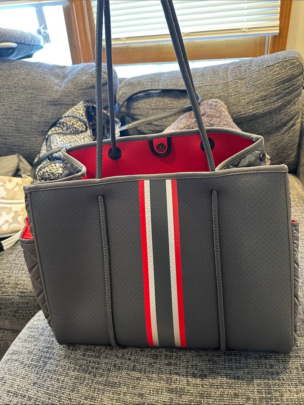 HAUTE SHORE Gray Tote with Red and White Stripes